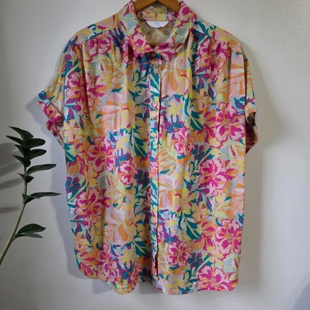EUC LIKE NEW TIME AND TRU FLORAL LINEN BLEND BUTTON DOWN CAP SLEEVES SHIRT XL